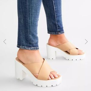 Soda Beige Crisscross Platform Heeled Mules with White Lug Sole